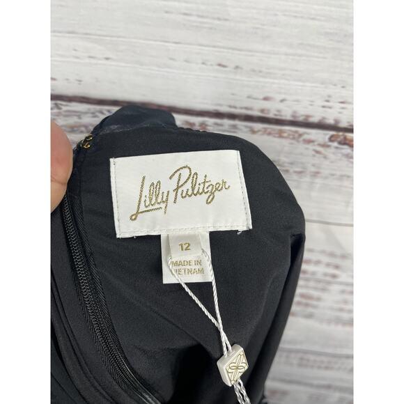 Lilly Pulitzer Dress Women's 12 Black Silk Sheer Sleeve Metallic Beaded Shift - Picture 3 of 8